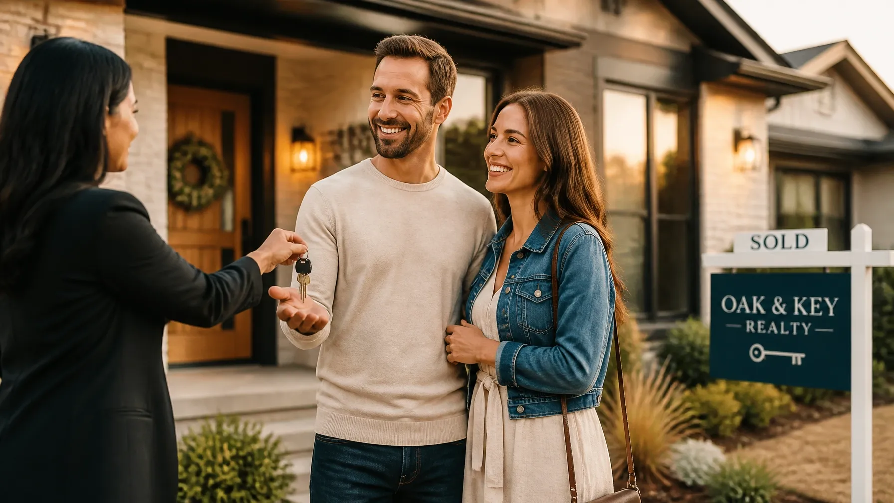 New homeowners receiving the keys to their house at golden hour